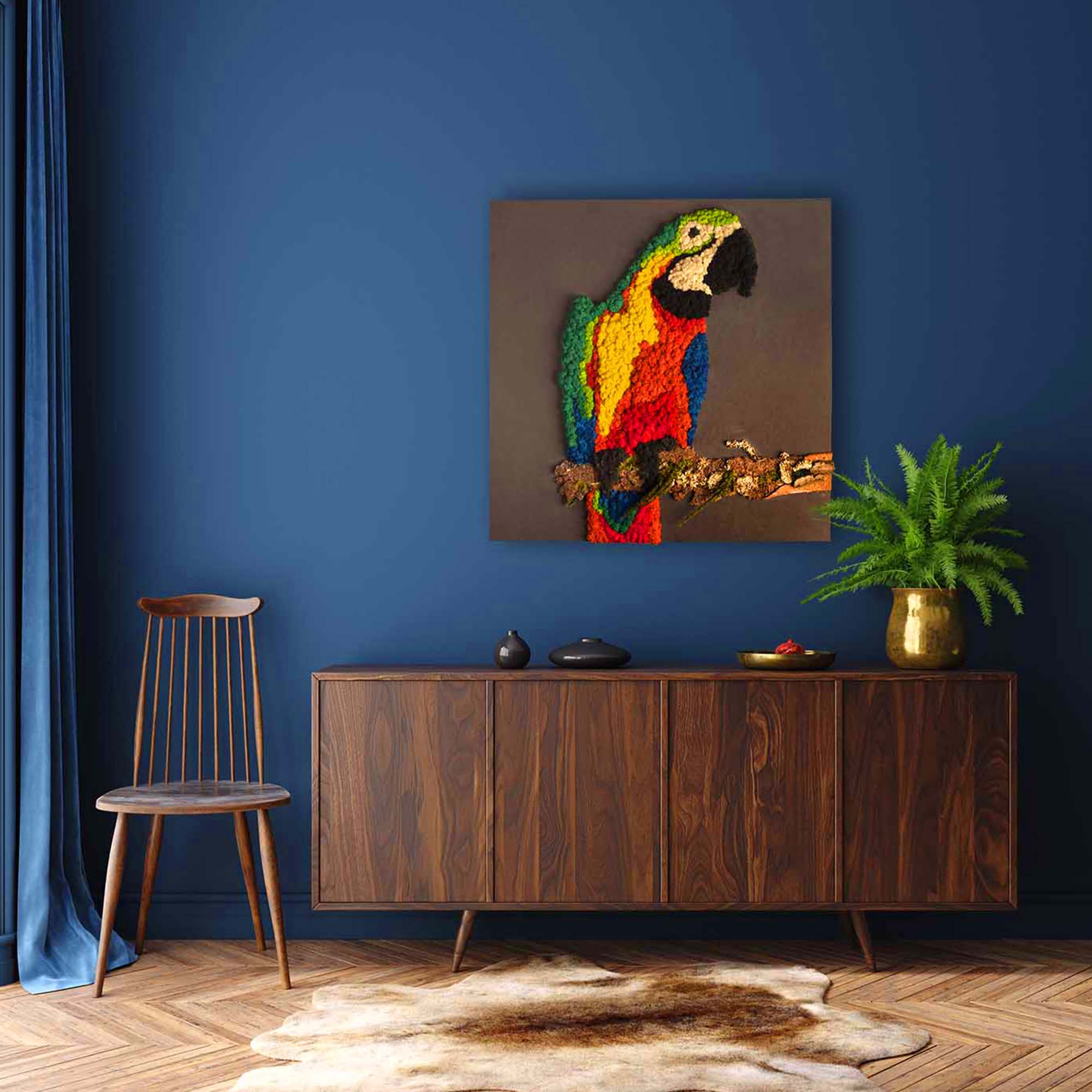 sytlischer Islandmoos Papagei auf blauem Hintergrund