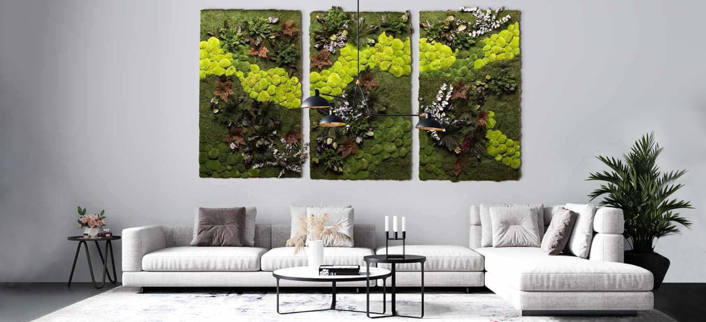 Moosmoos Moosbild Central Park 3er combination Modern loft living room with large moss picture Central park of different moss and plant species as a 3-piece combination