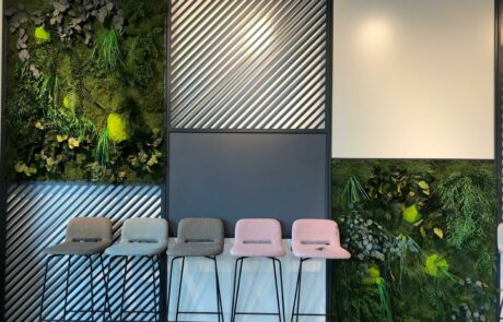 Square wall coverings made of jungle moss to improve the room acoustics