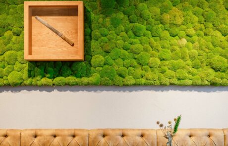 Moss wall made of apple-green bale moss in the cafe to regulate the sound